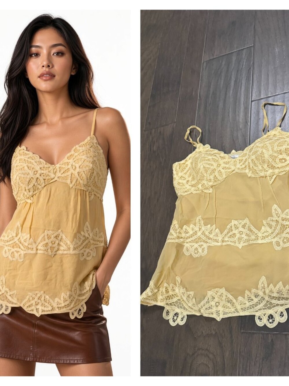 Sue Wong 100% Silk Chiffon Y2K Crochet Yellow Lace Camisole Top Deco New #11